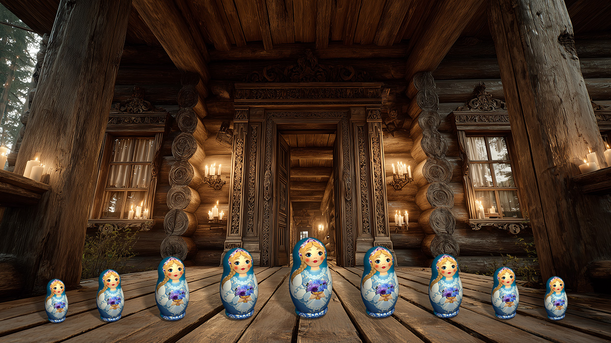 Traditional dacha background for the Matryoshka Emoji story